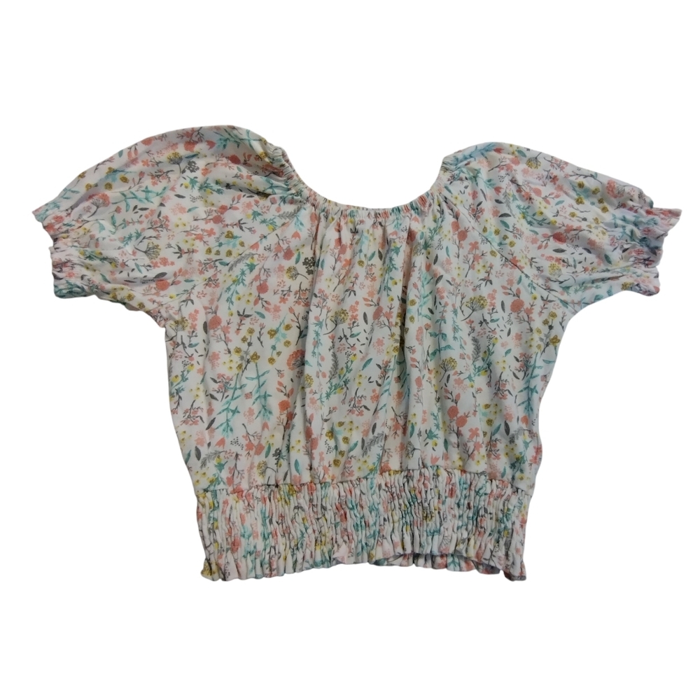 EUC 2/$10 Floral Print Girls Cropped Top Elastic Neck Sleeves Hem SZ10